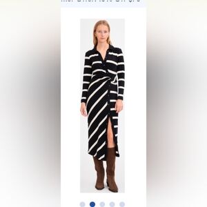 Tanya Taylor Black and Cream Striped Long Sleeve Dress
